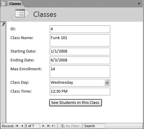 The Classes form shows a list of classes. Click “See Students in this Class” to open a second form (Figure 14-20).