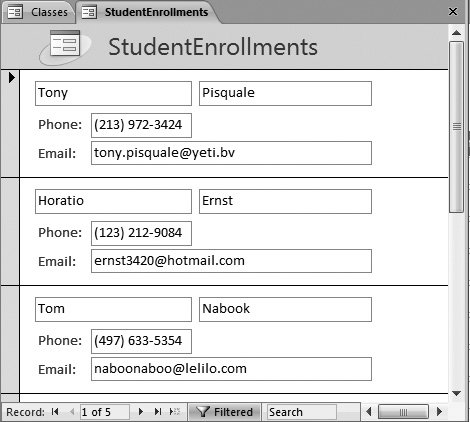 The StudentEnrollments form homes in on the students in just one class.