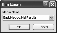 In this example, Access is poised to run the MailResults macro from the BasicMacros group.