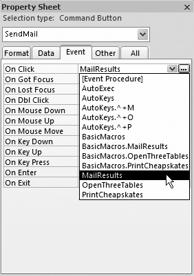 In this example, the On Click event of a button’s being connected to the MailResults macro you saw in Section 15.3.3. Now, whenever you click the button, the MailResults macro runs.
