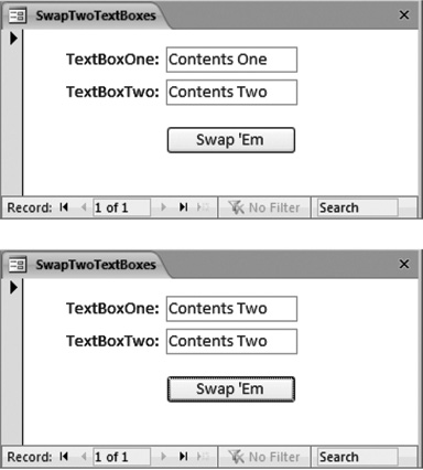 Top: Initially, each text box has its own information.Bottom: After running your swap code routine, you don’t get the result you expect. Once you paste the new content into the second text box, you end up overwriting the content you want to put in the first text box. The end result’s two text boxes with the same content.