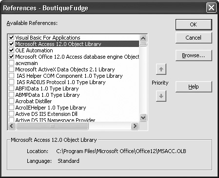 To add a reference to a component you want to use, find it in the list, and then place a checkmark next to it. The currently referenced components appear at the top of the list. Here, you can see the objects that are automatically referenced in every database—the objects built in Visual Basic, those that come with Access, and the data access objects you can use to read and edit the database directly (Section 17.4.5).