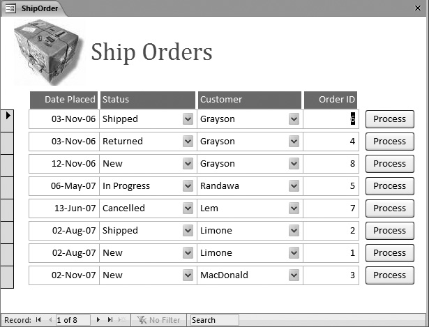 The list of orders is sorted so that the oldest orders (which should be processed first) appear at the top of the list. Each field’s Locked property’s set to Yes, so nobody can edit any data. However, next to each order is a Process button that starts the order fulfillment process. (You could also add filtering to this form, so that you see only orders with certain statuses.)