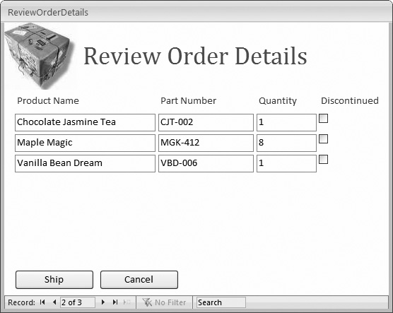 You don’t need to include pricing details in the ReviewOrderDetails form. It’s simply designed to give the warehouse people the information they need as efficiently as possible. The ReviewOrderDetails form also uses a query join to get some related data, like the PartNumber, from the Products table.