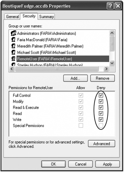 If the checkbox is grayed out, that’s because the setting is inherited—in other words, it’s based on the folder that contains this file. For example, you can’t change the Allow settings of the Users group, because they’re inherited. However, you can add Deny settings (as shown here with the user named RemoteUser). The Deny settings always overpower the Allow settings.
