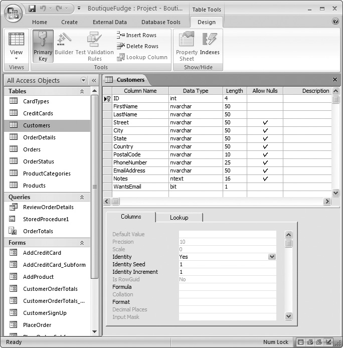 This example shows the Design view for the familiar Customers table from the BoutiqueFudge database, SQL Server style.