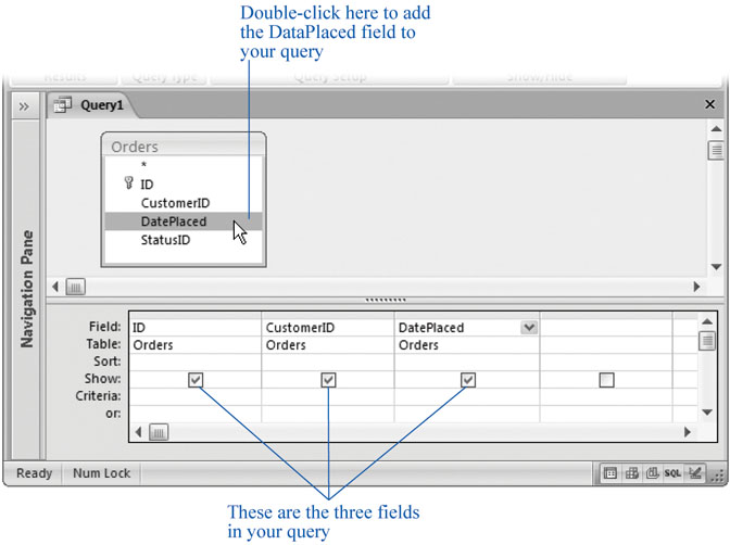 Each time you double-click a field in the table box, Access adds it to the field list at the bottom of the window. You can then configure various settings to control filtering criteria and sorting for that column. If you don’t want to keep mousing back to the table box, then you can add a field directly to the column list by choosing its name from the drop-down Field box.