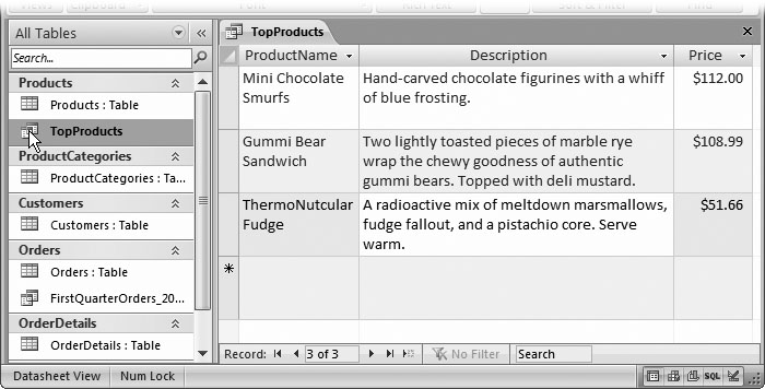 By default, the navigation pane organizes your queries so they appear right underneath the table they use. For example, the TopProducts query (shown here) appears under the Products table.
