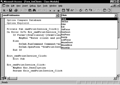 The Code window with the Procedure combo box.