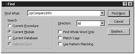 The Find dialog box is set up to search for typCompanyInfo in the current module.