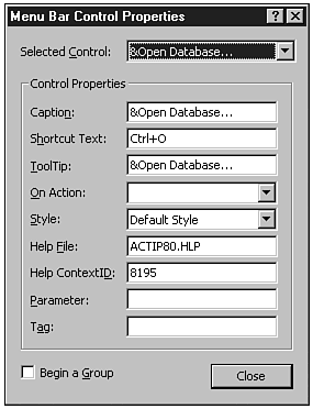 Modifying menu item properties with the Menu Bar Control Properties dialog box.