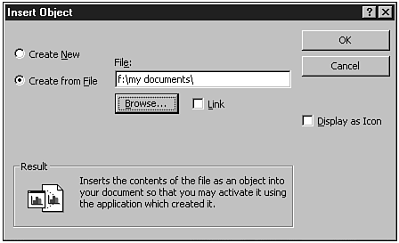The Insert Object dialog box as it appears when you select Create from File.