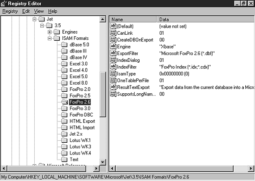 The Windows Registry with keys for ISAM drivers.
