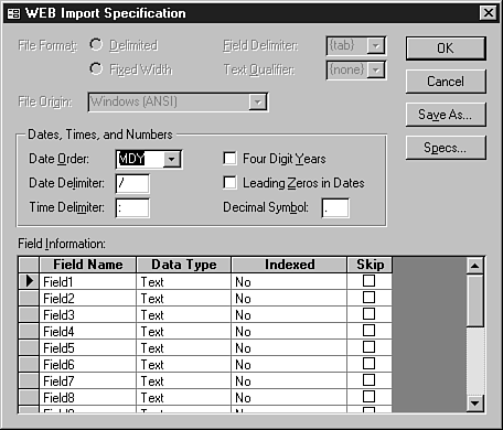 The Web Import Specification dialog box enables you to designate the specifics of the import.