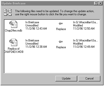 The Update Briefcase dialog box appears when you're synchronizing from the Briefcase.