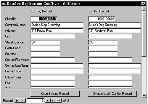 In this Resolve Replication Conflicts dialog box, you view and resolve specific conflicts.
