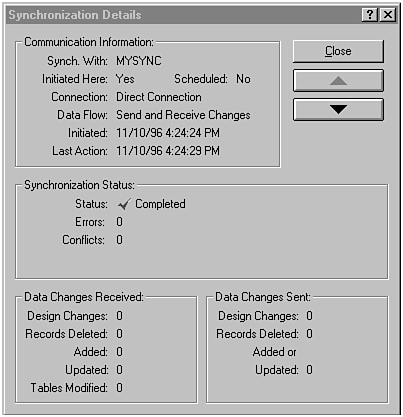 The Synchronization Details dialog box shows the details of a synchronization process.