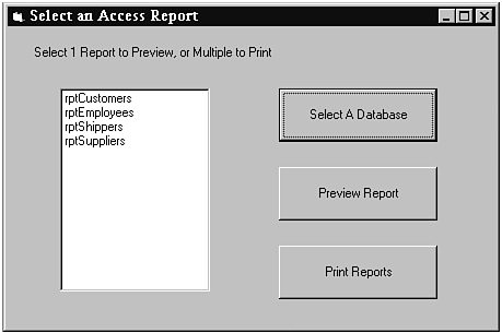 The Visual Basic form that enables you to print Access reports.