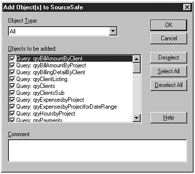 The Add Object(s) to SourceSafe dialog box lets you specify which objects you want to add to SourceSafe control.