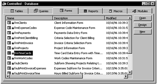 The Database window of a database under SourceSafe control with all objects locked.