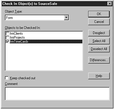 Use the Check In Object(s) to SourceSafe dialog box to designate which checked-out objects you want to check in.
