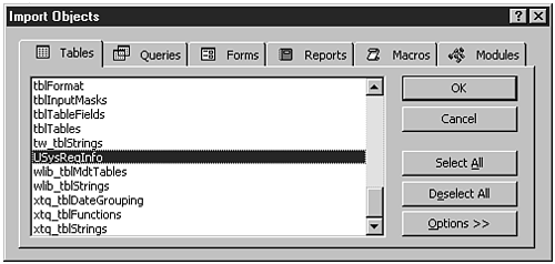 Using the Import Objects dialog box to add the USysRegInfo table to your library database.