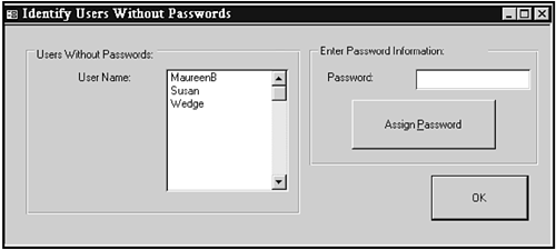 This form enables administrative users to view users without passwords.