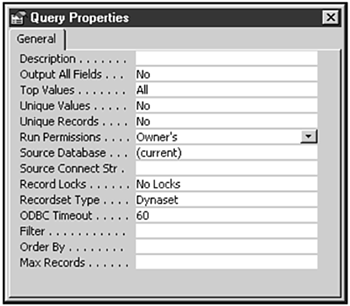 The Design view of a query with Run Permissions set to Owners.