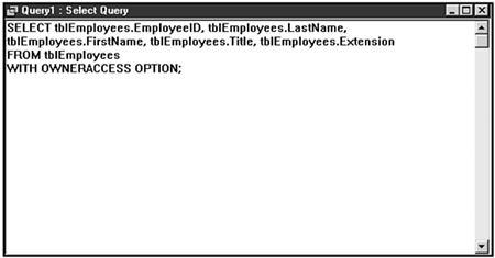 The SQL view of a query with Run Permissions set to Owners.