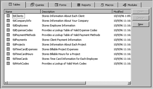 The Database window with table descriptions.