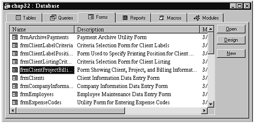 The Database window with a description of a form.