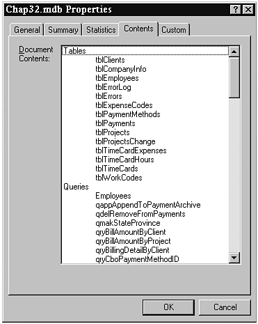 The Contents tab of the Database Properties dialog box.