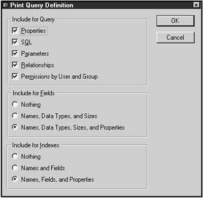 You use the Print Query Definition dialog box to designate which aspects of a query's definition are documented.