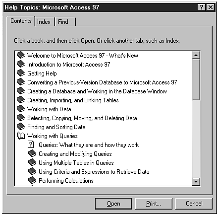 The Microsoft Access 97 Help Topics dialog box.
