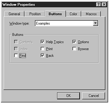 The Buttons tab of the Window Properties dialog box.