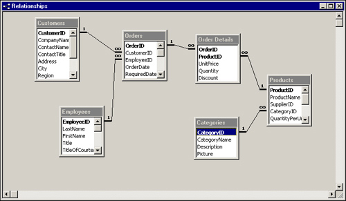 The Relationships window, where you view and maintain the relationships in the database.