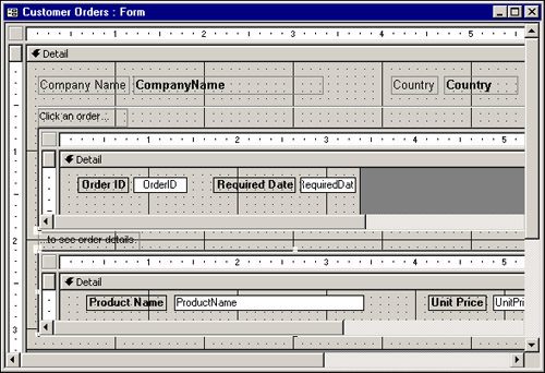 The design of the Customer Orders form, showing two subforms.