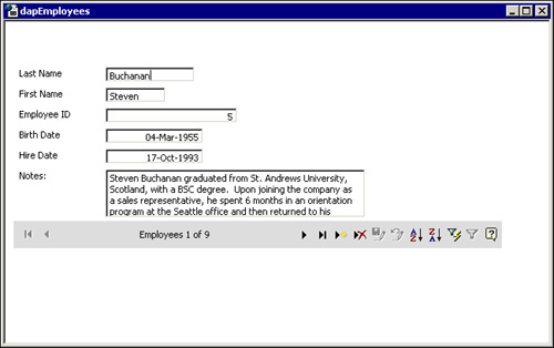 An example of a data access page based on the Employees table.