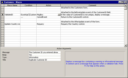 The design of the Customers macro, containing macro names, conditions, actions, and comments.