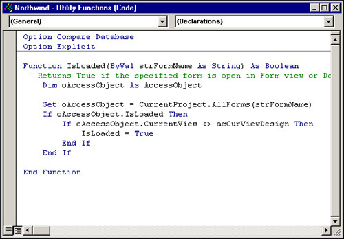 The global code module in Design view, showing the General Declarations section and IsLoaded function.