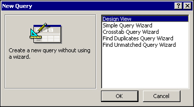 Use the New Query dialog box to select a wizard for the query you want to create, or choose Design view to make a query on your own.