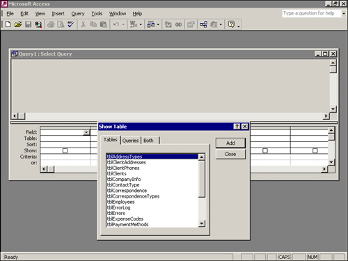 Selecting Design view displays the Show Table dialog that allows you to select the tables and queries on which your query is based.