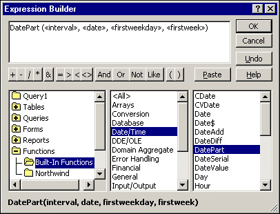 The Expression Builder with the DatePart function selected and pasted in the expression box.