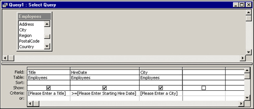 The Query Design window showing a query with parameters for three fields.