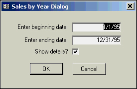 A custom dialog box that lets the user specify a date range for a report.