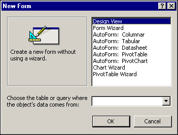 The New Form dialog box lets you specify the table or query to underlie the form and choose the method for creating the form.