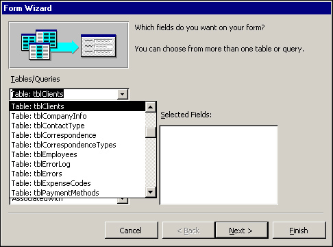 A list of tables and queries available for use in the Form Wizard.