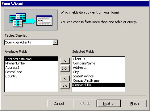 Selected fields from qryClients.