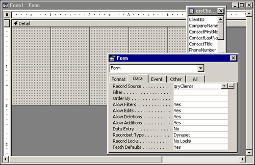 Use the Form Design window to build and customize a form.
