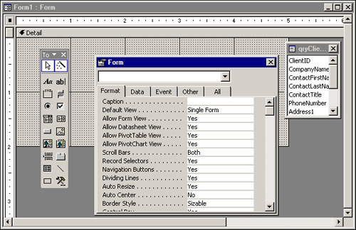 The Form Design toolbar with Design windows visible.
